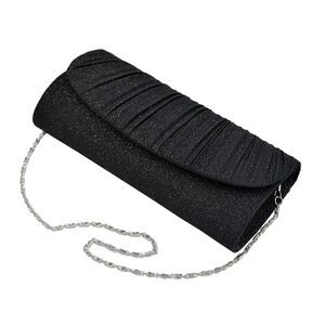 Black Pleated Glitter Flap Clutch Evening Bag Handbag Quilted Crossbody Purse
